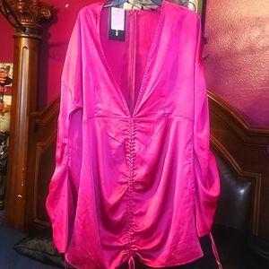 SOLD Plus Fuchsia Satin Plunge Ruched Front sides Dress